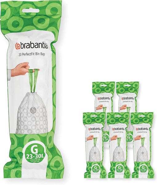 Brabantia Perfectfit Bin Liners (Size G/23-30 Litre) Thick Plastic Trash Bags with Tie Tape Drawstring Handles (40 Bags)