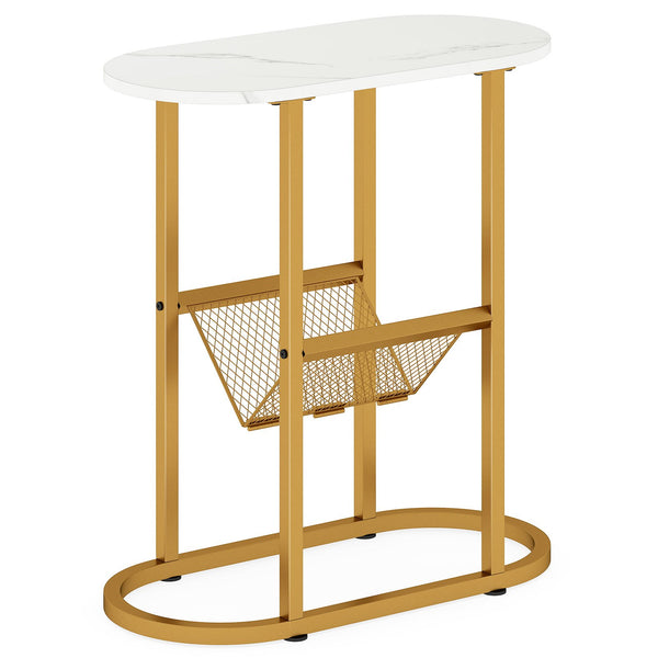 GOFLAME 2-Tier Narrow Side Table with Magazine Holder for Living Room Bedroom, White