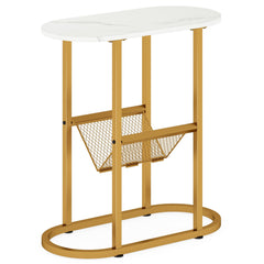 GOFLAME 2-Tier Narrow Side Table with Magazine Holder for Living Room Bedroom, White