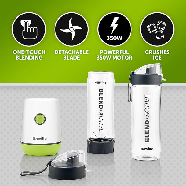 Breville Blend Active Personal Blender & Smoothie Maker | 350W | 2 Portable Blend Active Bottles (600Ml) | Leak Proof Lids | White & Green [VBL246]