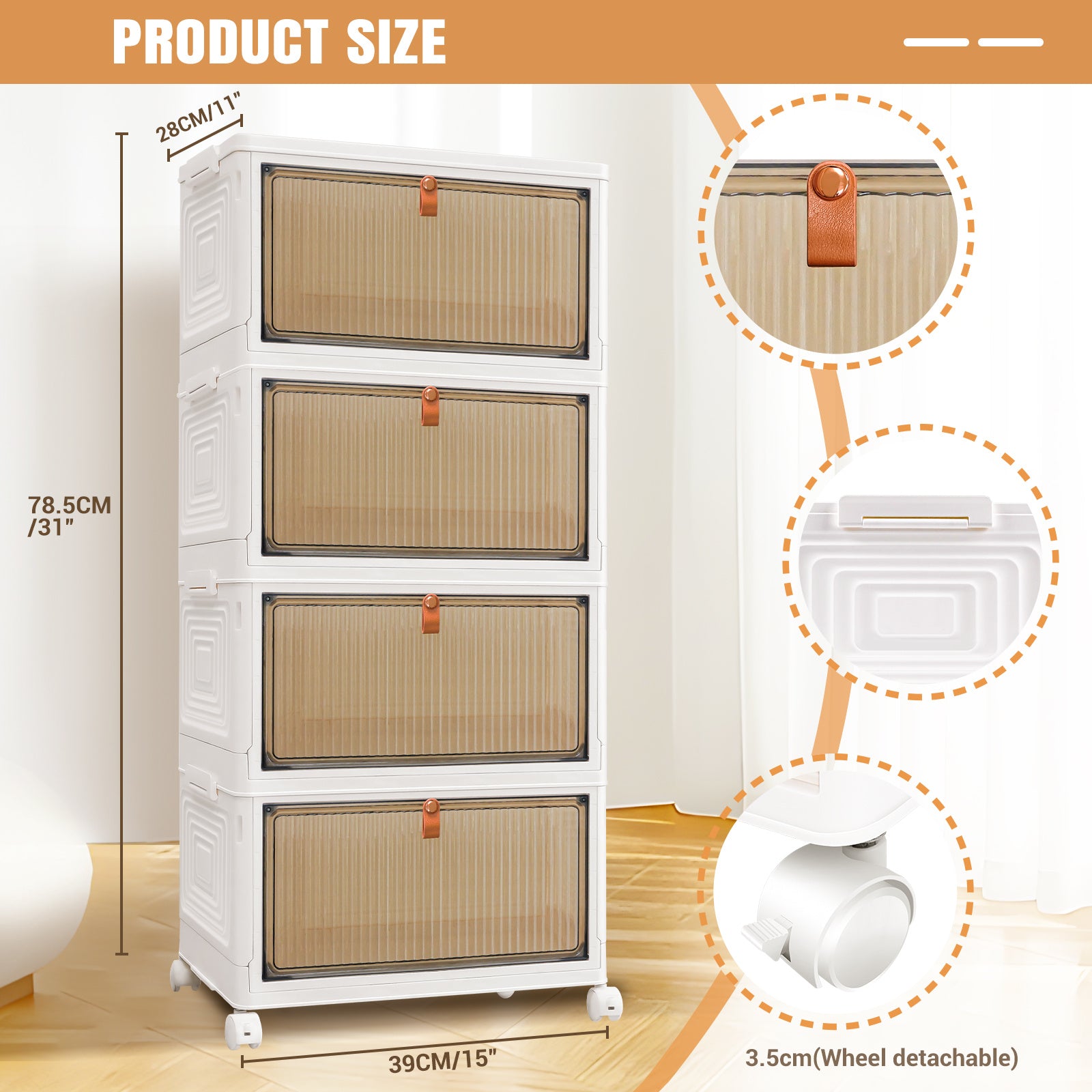 3 4 5 Tier Folding Storage Box, Plastic Collapsible Storage Box with Wheels, Stackable Storage Boxes with Lids and Front Opening Door Stackable Storage Boxes with Lids, 4 Wheels, Sturdy PP Matterial, Foldable Plastic Storage Unit for Toys/Office Supplies/