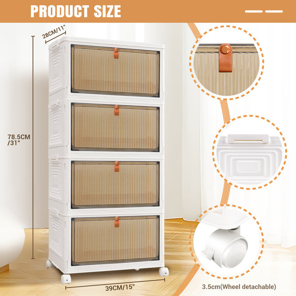 Storage Boxes with Lid - 3/4/5 Tier Plastic Storage Box with Lid, Stackable Storage Boxes with Wheels, Storage Drawers with Front Door, Plastic Box for Home and Office, White