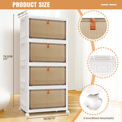 Storage Boxes with Lid - 3/4/5 Tier Plastic Storage Box with Lid, Stackable Storage Boxes with Wheels, Storage Drawers with Front Door, Plastic Box for Home and Office, White