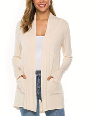 Women Simple Style Cardigan, Solid Color Long Sleeve Knitwear with Pockets, S/ M/ L/ XL/ XXL