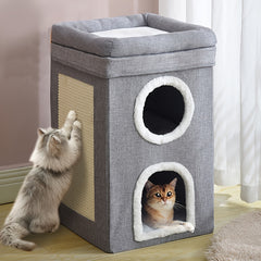 Large 3-in-1 Cat House Cat Cave Cats Foldable Cat Bed - Cozy, Washable & Easy-to-Clean, All-Season Enclosed Pet Nest with Scratching Board, Polyester, Gray with Fluffy Interior for Comfortable Cat Living, Kitten Bed, for Cats Small Dogs41 * 41 * 64cm