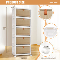 3 4 5 Tier Folding Storage Box, Plastic Collapsible Storage Box with Wheels, Stackable Storage Boxes with Lids and Front Opening Door Stackable Storage Boxes with Lids, 4 Wheels, Sturdy PP Matterial, Foldable Plastic Storage Unit for Toys/Office Supplies/