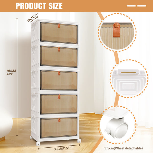 3 4 5 Tier Folding Storage Box, Plastic Collapsible Storage Box with Wheels, Stackable Storage Boxes with Lids and Front Opening Door Stackable Storage Boxes with Lids, 4 Wheels, Sturdy PP Matterial, Foldable Plastic Storage Unit for Toys/Office Supplies/