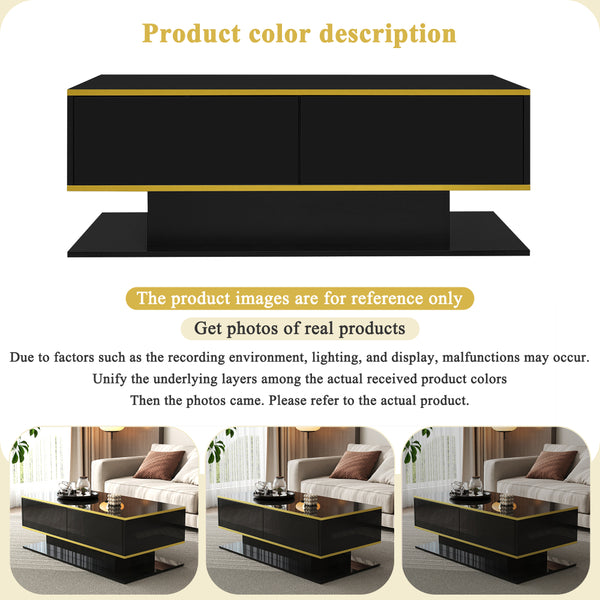 Modern LED Coffee Table, 100Cm High Gloss White Coffee Table, with 3 Drawers And RGB Light Strips, Adjustable Color/Brightness, Gold Edge, PB Board Material, Suitable for Living Room, Bedroom, Lounge, Studio - with a Load-Bearing Capacity of 50Kg And Spac
