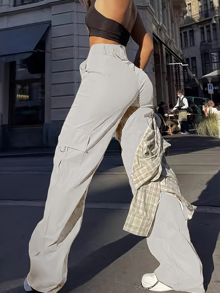 Flap Pocket Solid Color Cargo Pants, Y2K Slant Pocket Button Front Every Day Pants, Women's Clothing
