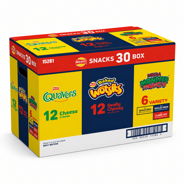 Walkers Yellow Snack – Quavers x 12, Baked Wotsits x 12 & Mega Monster Munch x 6 (30 Pack)