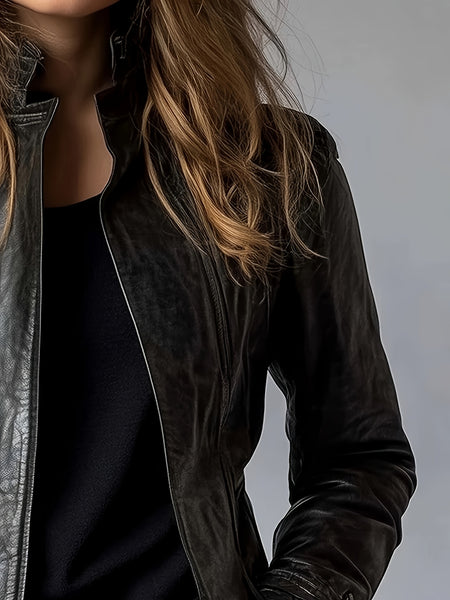 CHIDU Women's Jacket, PU, Retro Motorcycle Jacket Long-sleeved Jacket, Women's Long-sleeved Zipper Cardigan Stand-up Collar Design, Windproof Women's Jacket, Suitable for Spring, Autumn And Winter Jackets, Pockets, Global ALL, Casual Women's Jacket