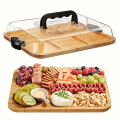 1-Piece Bamboo Cheese Tray with Transparent Acrylic Lid - Portable Charcuterie Board for Camping, Parties, Restaurants. Ideal for serving holiday appetizers, deli meats, and snacks. Reversible as a cutting board, with a secure snap-on lid to keep food fre