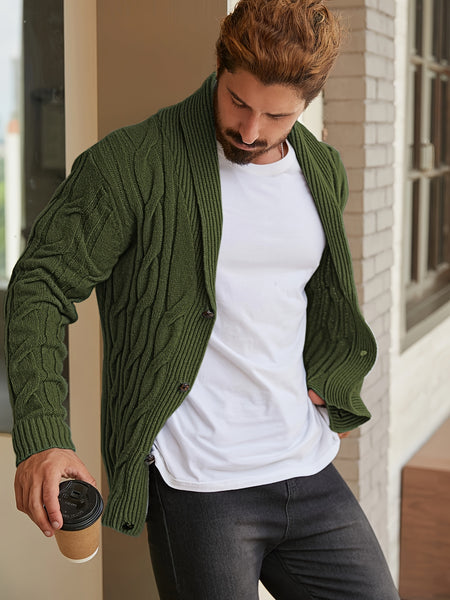 Men'S Solid Cable Knit Cardigan Fall Winter Button-Up Knit Coat