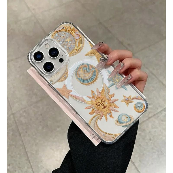 Phone Case: Sun Moon Star Embroidery Print Transparent Magnetic Acrylic Phone Case Easy Charging Compatible with iPhone 11 12 13 14 15 16 17 Pro Max Plus Air