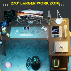 L Shaped Gaming Desk with Power Outlets Corner Computer Desk 110x80CM with Shelves Headphone Hook PC Table Workstation for Home Office Bedroom