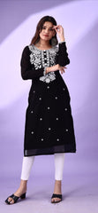 Estationeryhouse Women's Georgette Lucknowi chikankari kurti, Rose Design with Heavy Embroidery, Without Bottom