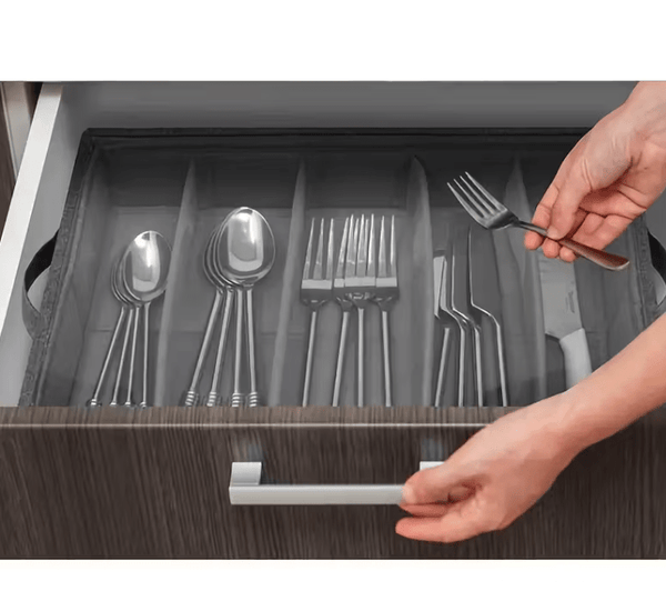 1pc 5-Compartment Fabric Flatware Organizer with Clear Lid - Portable Tension-Mounted Utensil Storage Box for Kitchen, Camping, Picnics - Chopsticks, Knife, Fork, Spoon Organizer, Picnic Flatware Holder | Stylish Table Accessory | Tension Mount Closure