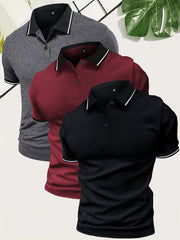 3pcs Set of Summer Collared Men'S Short Sleeve Polo Shirts Solid Color Plain Multicolor Golf Shirts Casual Athletic Wear Men'S Top