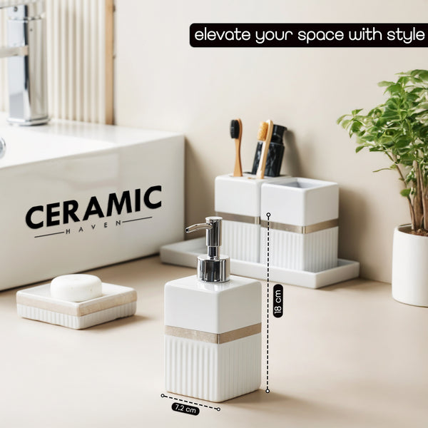 Ceramic Haven Elegance Collection | Set of 5 Luxury Bathroom Accessories | Soap Dispenser, Toothbrush Holder, Multipurpose Holder, Tumbler, Vanity Tray | Stylish Décor & Organizer
