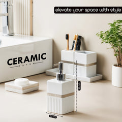 Ceramic Haven Elegance Collection | Set of 5 Luxury Bathroom Accessories | Soap Dispenser, Toothbrush Holder, Multipurpose Holder, Tumbler, Vanity Tray | Stylish Décor & Organizer