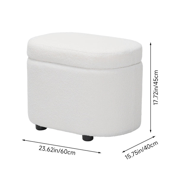1pc Plush Teddy Round Upholstered Storage Ottoman Stool - 60x40x45cm Lidded Footrest with Hidden Storage Space | Multi-Functional Shoe Changing Bench for Living Room, Bedroom & Entryway | 3cm Black Plastic Legs (Green/White)