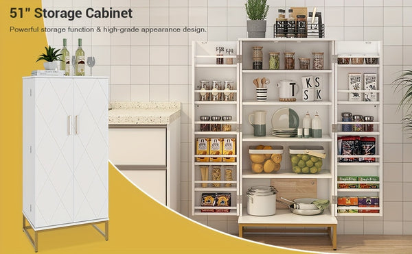129.54cm Kitchen Cupboard Pantry with Doors And Adjustable Shelves, White Storage Cupboard, Freestanding Storage Cabinet for Kitchen, Living Room And Dining Room Kitchen Organizers And Storage