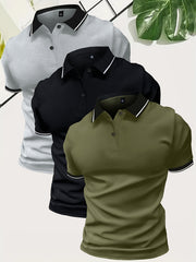 3pcs Set of Summer Collared Men'S Short Sleeve Polo Shirts Solid Color Plain Multicolor Golf Shirts Casual Athletic Wear Men'S Top