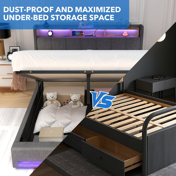 Upholstered Ottoman Bed/ 4 Drawer Storage Bed, 4ft6 Double Bed Frame with Storage & LED & USB, Gas Lift Up Storage Bed Hydraulic Upholstered Bed with Storage Headboard&Slats, Linen, No Mattress, Grey (Optional Purchase Of Mattress)