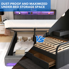 Upholstered Ottoman Bed/ 4 Drawer Storage Bed, 4ft6 Double Bed Frame with Storage & LED & USB, Gas Lift Up Storage Bed Hydraulic Upholstered Bed with Storage Headboard&Slats, Linen, No Mattress, Grey (Optional Purchase Of Mattress)