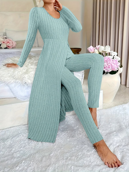 Design Sense Round Neck Slit Long Sleeve Base Top for Women; Two-piece Set with Trousers; Ribbed