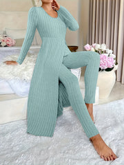 Design Sense Round Neck Slit Long Sleeve Base Top for Women; Two-piece Set with Trousers; Ribbed