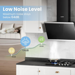 Midea COMFEE' 60cm Angled Cooker Hood – A++ Energy Class Tempered Glass Extractor Hood with Touch Screen, LED Lights, Recirculating & Ducting System, Wall-Mounted Kitchen Extractor Fan in Black, Essential for Home Kitchens