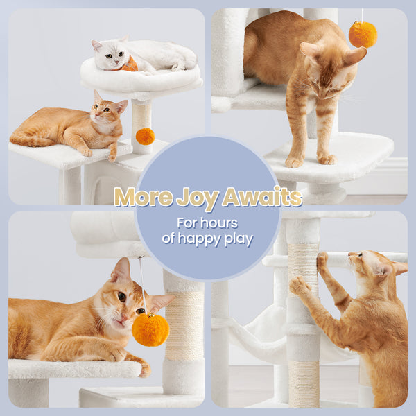 112 cm Cat Tree, Multi-Level Soft Plush Cat Tree, Cat Tower Condo with 4 Cat Scratching Posts, Hammock, Cave, Platform, Toys, Pink/White/Beige/Grey, Easy Assembly and Sturdy, Indoor Cat Furniture
