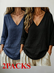 2 PACKS V-Neck 3/4 Sleeve Tops, Women'S Loose Breathable Summer Casual Blouse Shirts