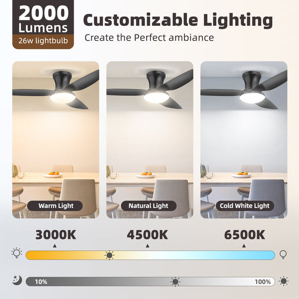 Modern Ceiling Fan Light with Remote Control - Dimmable Fixture, 6-Speed Adjustable Fan & 3-Tier Color Temperature (3000K/4500K/6500K), Timer, Suitable for, Semi-Recessed Installation, Bohemian Style Ceiling Light with Fan