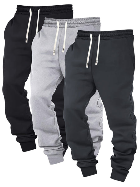 Three-pc Men's Solid Color Plain Elastic Waistband Drawstring Ribbed Cuffed Casual Jogger Pants, Men's Dress Administrative Trousers