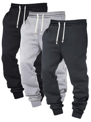 Three-pc Men's Solid Color Plain Elastic Waistband Drawstring Ribbed Cuffed Casual Jogger Pants, Men's Dress Administrative Trousers