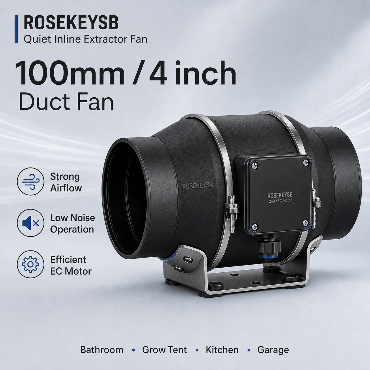 4 Inch Inline Duct Fan 100mm, Mixed Flow Ventilation Extractor Fan, Quiet Exhaust Fan for Bathroom, Kitchen, Loft, Grow Tent & Hydroponics