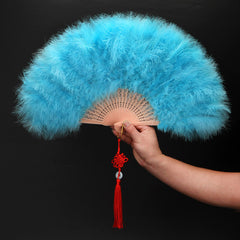 New Feather Folding Fan for Women - Elegant Green Down Feather Hand Fan with Tassel, 30.48cm Compact Foldable Design, 50.8cm Wide for Weddings, Dance, Costume Parties & Special Events, Dance Props, Traditional Costume Fan, Soft Feather Texture