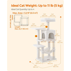 112 cm Cat Tree, Multi-Level Soft Plush Cat Tree, Cat Tower Condo with 4 Cat Scratching Posts, Hammock, Cave, Platform, Toys, Pink/White/Beige/Grey, Easy Assembly and Sturdy, Indoor Cat Furniture
