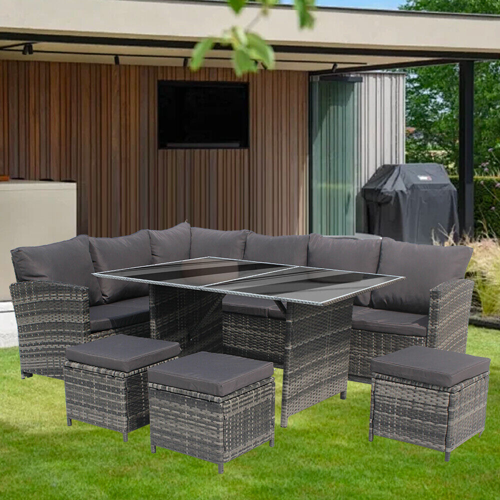 9Seats Garden Furniture Set Rattan Outdoor Corner Sofa Wicker Dining Table Chair for Patios Conservatories Rectangular
