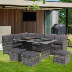 9Seats Garden Furniture Set Rattan Outdoor Corner Sofa Wicker Dining Table Chair for Patios Conservatories Rectangular