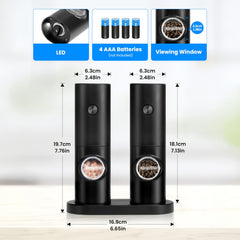 Electric Salt and Pepper Grinder Set, 2pcs with Base and Cleaning Brush, Adjustable Grind Coarseness, LED Lighting, Suitable for Kitchen/BBQ/Restaurant, Kitchen Table Seasoning Tool or Gift, Black