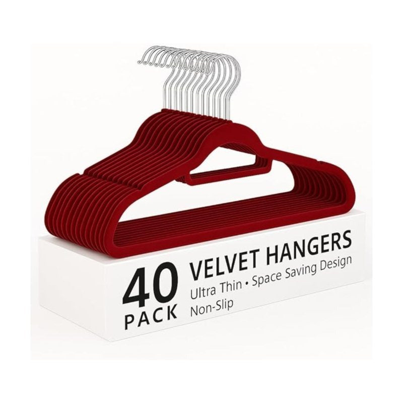 40pcs Red Velvet Hangers for clothes - Premium Non-Slip Space Saving Clothes Hangers With Tie Bar, Notched Shoulder, 360° Swivel Hook, Sturdy For Heavier Garments 45 x 24 Cm