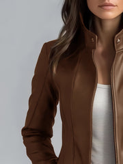 CHIDU Women's Leather Jacket, PU Slim-fit Retro Motorcycle Women's Jacket, Windproof Women's Jacket, Suitable for Spring, Autumn And Winter Jackets, Pockets, Zipper, Turtleneck, Global ALL, Mid-length Casual Women's Jacket