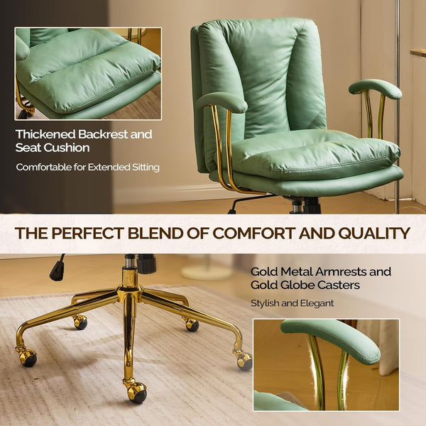 Office Chair Desk Chair with Wheels & Removable Armrests Gold Base Vanity Chair with Back Adjustable Rolling Swivel Computer Task Chair PU Leather