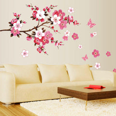 2PCS Pink Blossom Tree Flower Wall Stickers Vinyl Art Decals Glossy Polyvinyl Wall Sticker for Bedroom, Living Room, Bathroom Decor