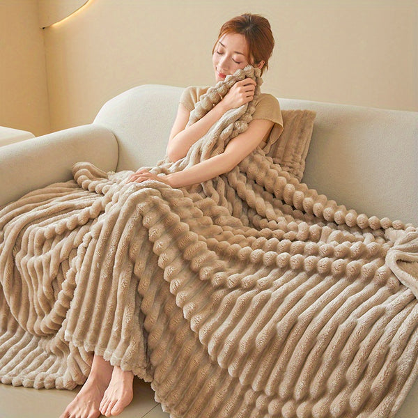 Premium Polyester Ribbed Throw Blanket Ultra Soft Faux Rabbit Fur Warm Lightweight Blanket for Home Office Camping All Seasons UK Brand Fast Delivery