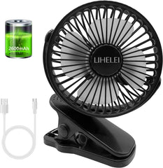 Portable USB Desk Fan - Rechargeable 2600Mah Stroller Fan with Powerful Airflow, Low Noise Clip-On Design for Pram, Camping, Home, Office, Travel_Black