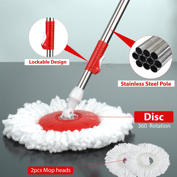360° Spin Mop and Bucket Set with Wringer, Easy Wring Floor Cleaning Mop with 2 Reusable Microfiber Head for Household Living Room Bedroom Bathroom Toilet